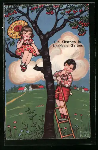 Künstler-AK Margret Boriss: Kinder naschen die Kirschen aus Nachbars Garten