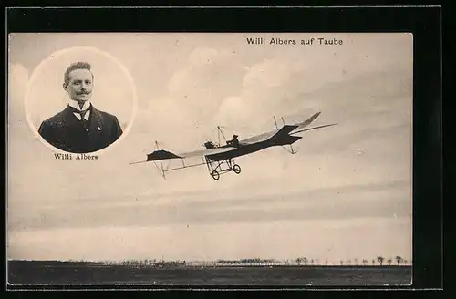 AK Willi Albers auf Flugzeug Taube, Portrait