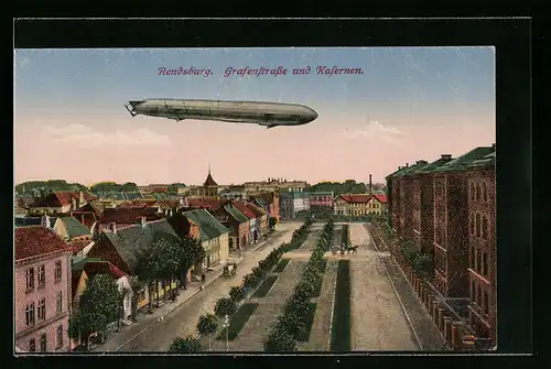 AK Rendsburg, Grafenstrasse und Kasernen, Luftschiff über der Stadt