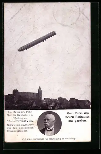 AK Nürnberg, Zeppelin über der Reichsburg, vom Rathausturm gesehen