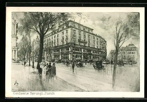 Künstler-AK Zürich, Strassenpartie mit Confiserie Sprüngli