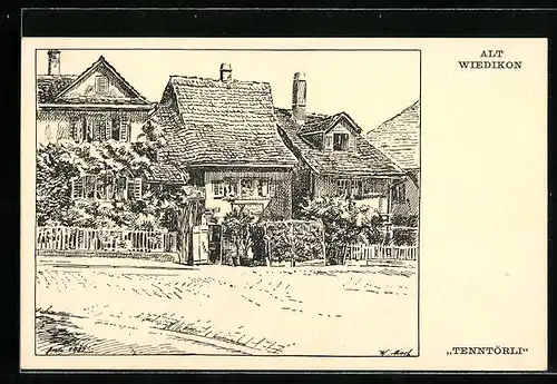 Künstler-AK Alt Wiedikon, Tenntörli, Strassenpartie mit Häuseransichten