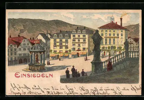 Lithographie Einsiedeln, Marktplatz mit Hotel du Paon und Rathaus
