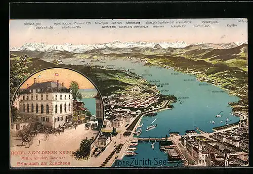 AK Zürich, Hotel z. Goldenen Kreuz, Gesamtansicht mit Zürichsee
