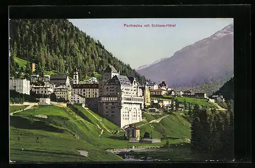 AK Pontresina, Ortspartie mit Schloss-Hotel