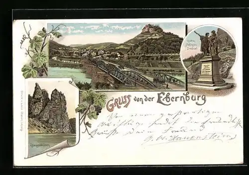 Lithographie Ebernburg, Totalansicht, Rheingrafenstein, Hutten-Sickingen-Denkmal