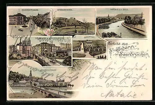 Lithographie Saarbrücken-St. Johann, Partie an der Saar, Spichernberg, Reichsstrasse