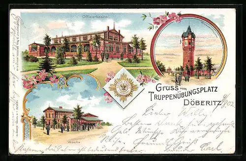 Lithographie Döberitz /Truppenplatz, Offizierkasino, Wasserthurm, Wache