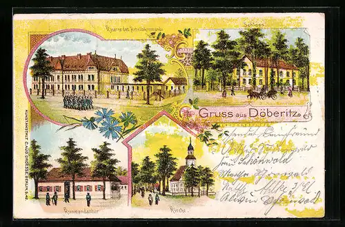 Lithographie Döberitz, Kaserne des Arbeitskommando, Schloss, Kirche und Kommandantur