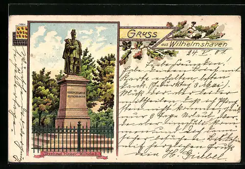 Lithographie Wilhelmshaven, Denkmal Wilhelm der Grosse, Deutscher Kaiser