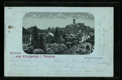 Lithographie Königstein /Taunus, Frankfurter Strasse mit Gasthof Stadt Wiesbaden und Burg