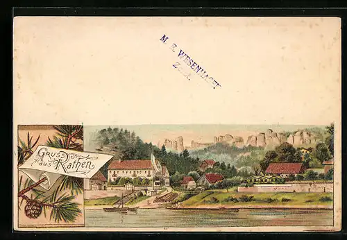 Lithographie Rathen /Elbe, Gesamtansicht des Ortes an der Elbe