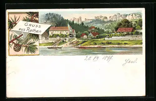 Lithographie Rathen /Elbe, Totalansicht des Ortes an der Elbe