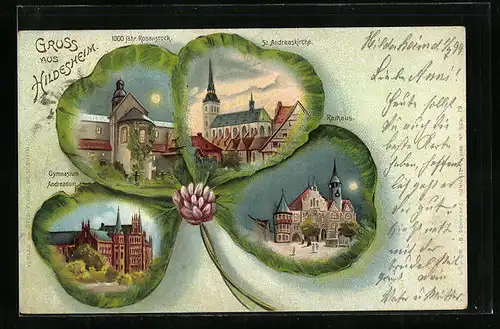 Passepartout-Lithographie Hildesheim, Gymnasium u. Andreanum, Rathaus, Kleeblatt