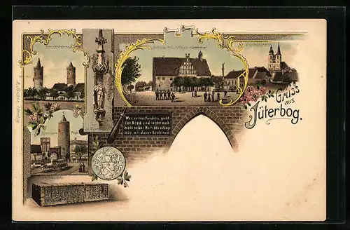 Lithographie Jüterbog, Rathaus und Kriegerdenkmal, Zinnaer Thor, Stadttürme