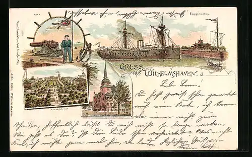 Lithographie Wilhelmshaven, Flaggenstation, Adalbertstrasse, Rathaus