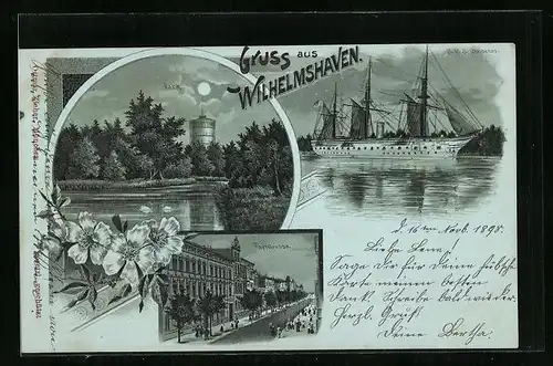 Mondschein-Lithographie Wilhelmshaven, Park, SMS Gneisenau, Roonstrasse