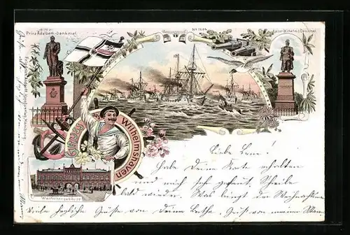 Lithographie Wilhelmshaven, Prinz Adalbert-Denkmal, Werfttorgebäude, Kaiser Wilhelm I. Denkmal