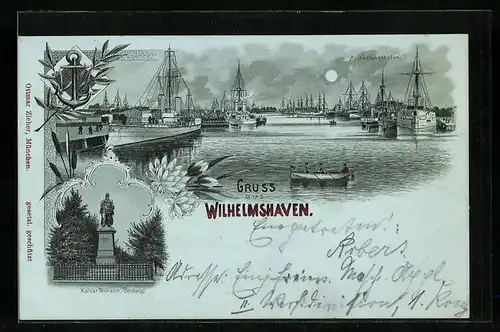 Mondschein-Lithographie Wilhelmshaven, Kaiser Wilhelm-Denkmal, Ausrüstungshafen