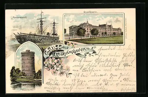 Lithographie Wilhelmshaven, Grosse Kaserne, Artillerieschiff, Wasserthurm