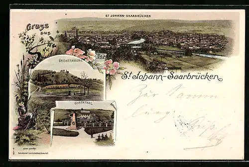 Lithographie St. Johann-Saarbrücken, Spichernberg, Totalansicht, Ehrental