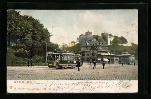 AK Hamburg-St. Pauli, Strassenbahn vor dem Fährhaus