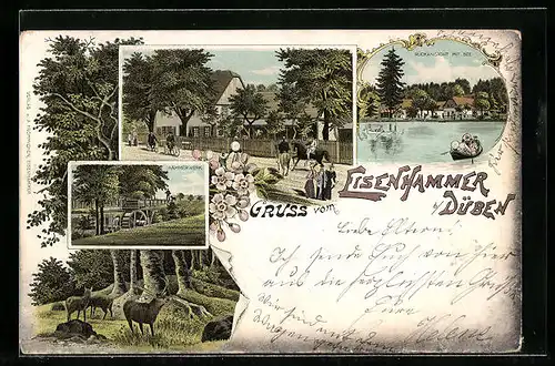 Lithographie Gräfenhainichen, Eisenhammer, Rückansicht mit See, Hammerwerk