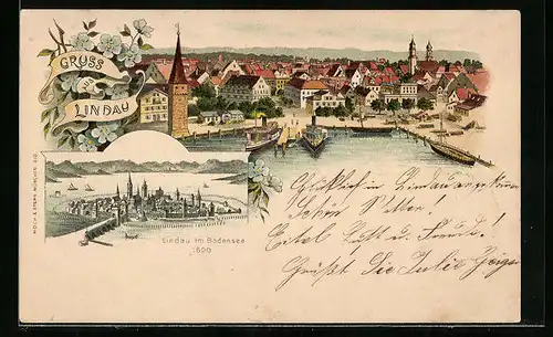 Lithographie Lindau i. B., Dampfer im Hafen