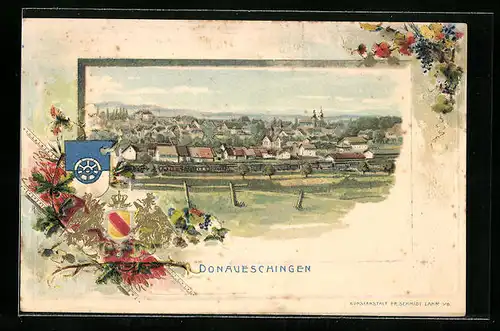 Passepartout-Lithographie Donaueschingen, Totalansicht mit Wappen