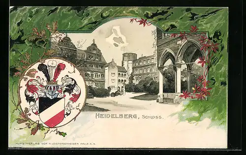 Passepartout-Lithographie Heidelberg, Schloss, Ritterhelm & Wappen