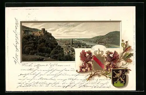 Passepartout-Lithographie Heidelberg, Totalansicht mit Burg, Wappen