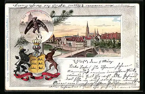 Passepartout-Lithographie Ulm, Der Schneider v. Ulm, Gesamtansicht, Wappen