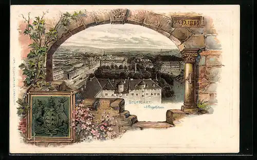 Passepartout-Lithographie Stuttgart, Gesamtansicht aus der Vogelschau, Wappen