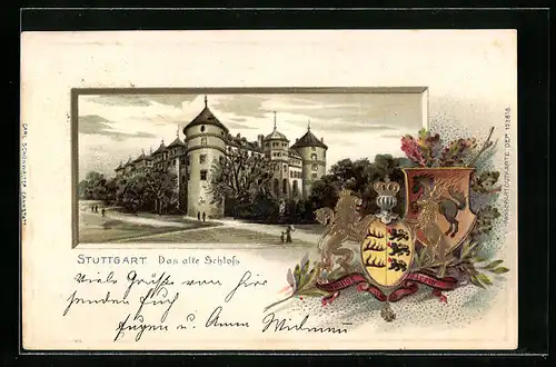 Passepartout-Lithographie Stuttgart, Das alte Schloss, Wappen, Eichenlaub