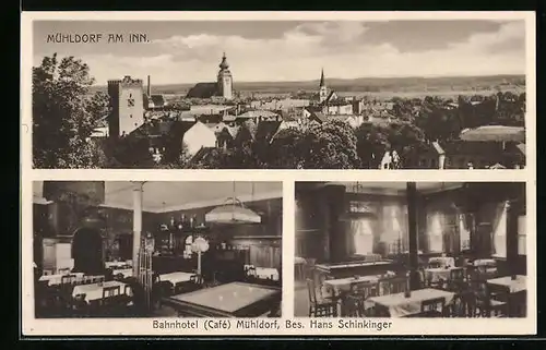 AK Mühldorf a. Inn, Totalansicht mit Bahnhotel, Café Mühldorf