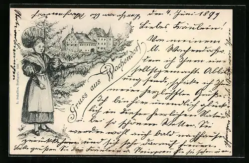 Künstler-AK Wachendorf, Ortsansicht mit Dame in Tracht