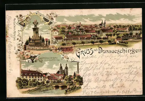 Lithographie Donaueschingen, Gesamtansicht mit Kaiser-Brunnen