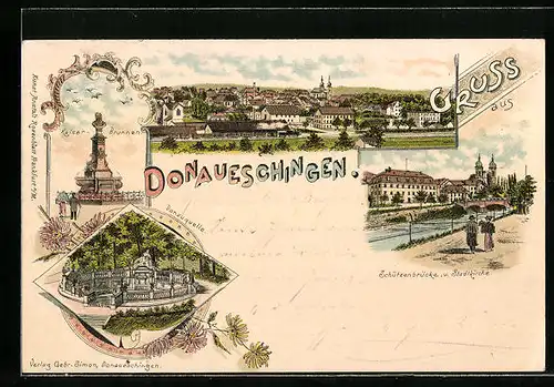 Lithographie Donaueschingen, Schützenbrücke und Stadtkirche, Kaiser-Brunnen, Donauquelle