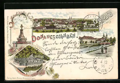 Lithographie Donaueschingen, Kaiser-Brunnen, Donauquelle