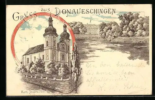 Lithographie Donaueschingen, Pfaueninsel, Kath. Stadtkirche