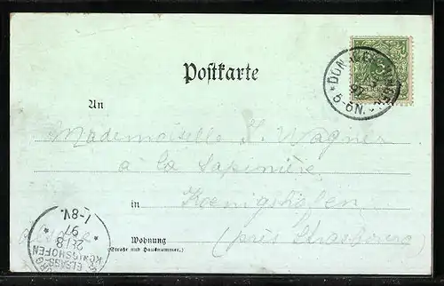 Lithographie Donaueschingen, Pfaueninsel, Kath. Stadtkirche