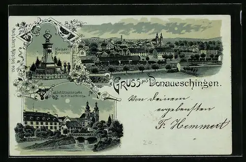 Mondschein-Lithographie Donaueschingen, Totalansicht mit Schützenbrücke