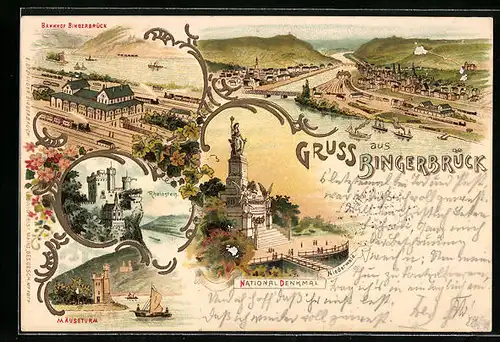 Lithographie Bingerbrück, Bahnhof, Nationaldenkmal Niederwald, Mäuseturm