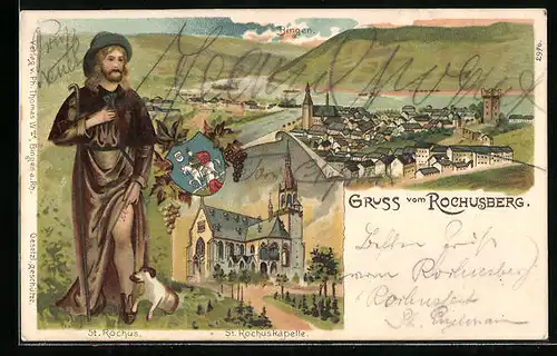 Lithographie Bingen, Totalansicht mit St. Rochus, Rochuskapelle, Rochusberg