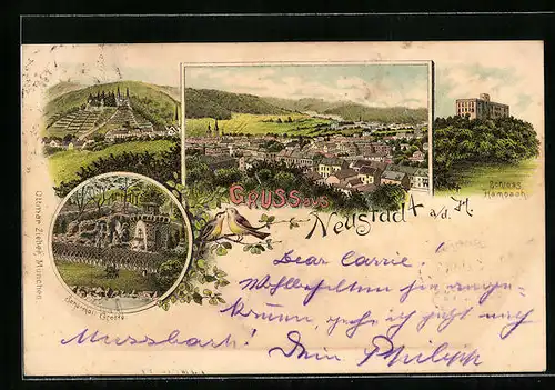 Lithographie Hamburg-Neustadt, Schloss Hambach, Grotte im Schönthal, Ortsansicht