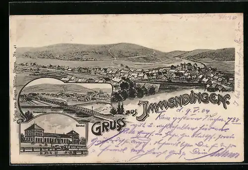 Künstler-AK Immendingen, Ortsansicht mit Blick ins Land, Donaubrücke und Bahnhof