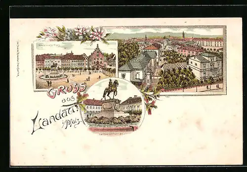 Lithographie Landau i. Pf., Ortsansicht aus der Vogelschau, Luitpoldbrunnen