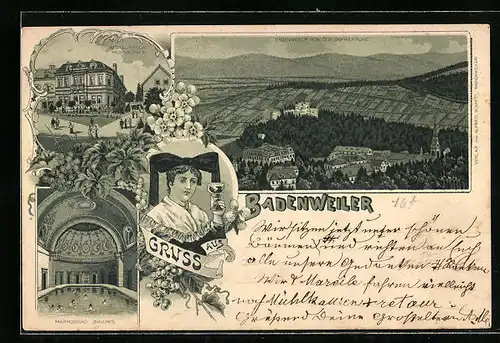 Lithographie Badenweiler, Totalansicht mit Marmorbad und Restauration Meissburger