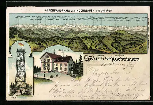 Lithographie Badenweiler, Alpenpanorama vom Hochblauen, Kurhotel Hochblauen