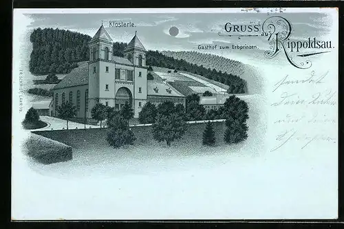 Mondschein-Lithographie Rippoldsau, Motiv vom Klösterle, Gasthof zum Erbprinzen